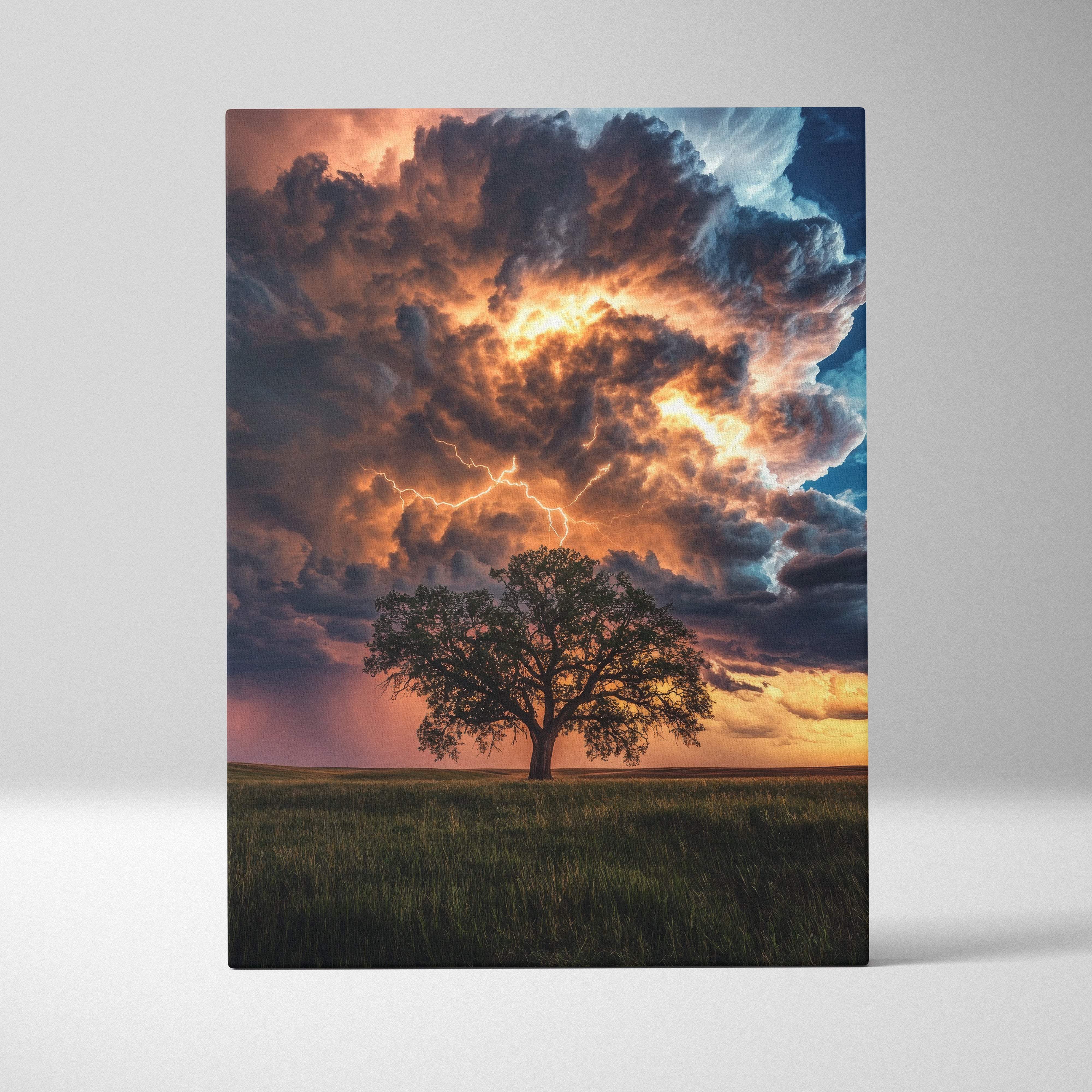 Stormy sky canvas featuring a lone tree under fiery orange and gray lightning clouds in dramatic landscape