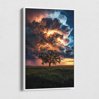 Framed canvas print of a lone tree under fiery orange and deep blue lightning storm clouds in an open field