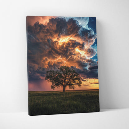 Canvas print of a solitary tree under fiery orange and deep blue lightning storm clouds in an open field landscape