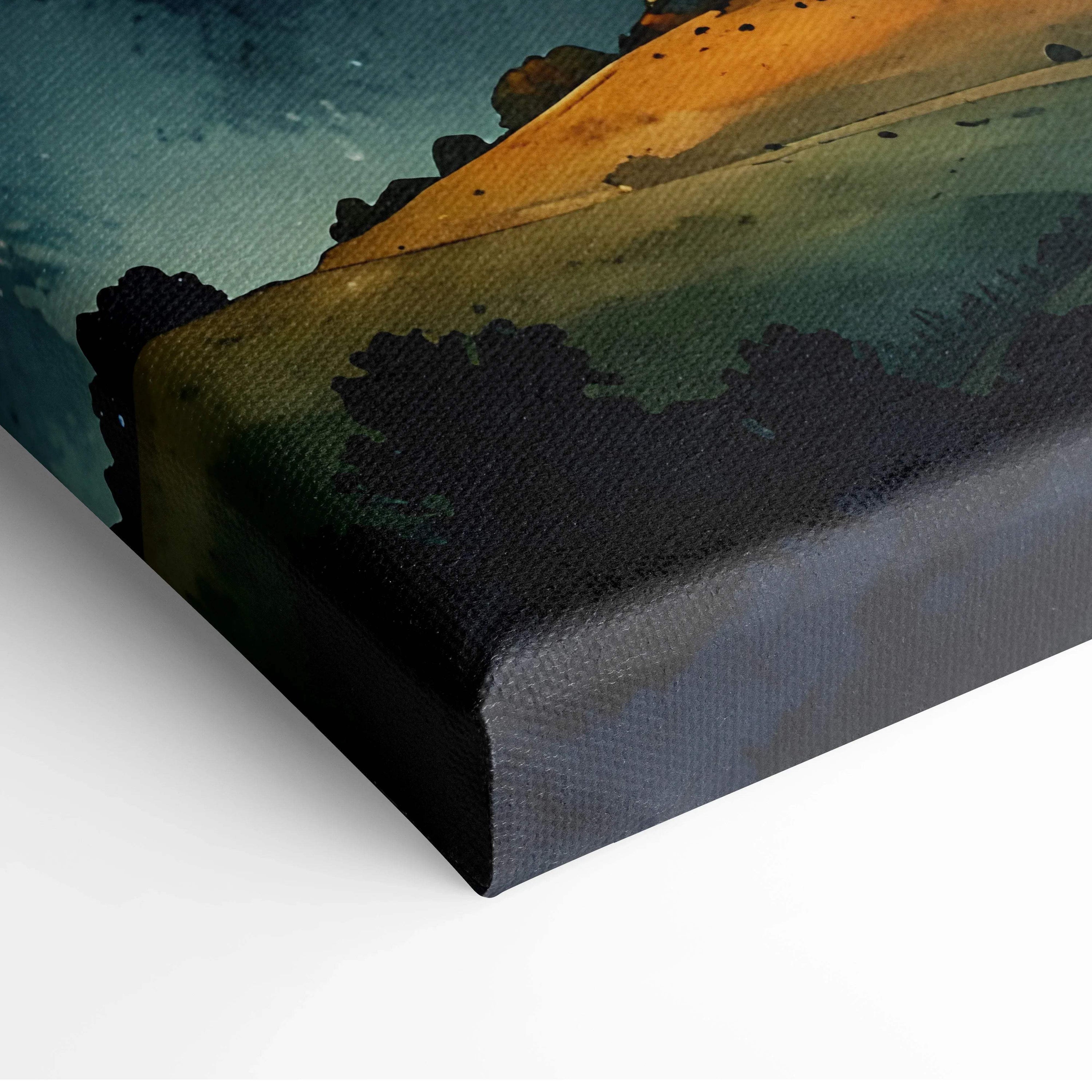 Canvas wall art featuring a watercolor night sky with dark blue and orange tones, stretched on a thick frame.
