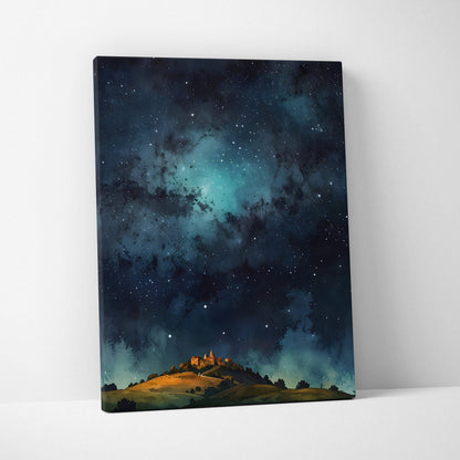 Vertical canvas wall art featuring a watercolor night sky with stars above a glowing hilltop scene.