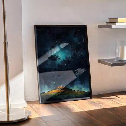 Vertical poster of enchanted watercolor castle under starry night sky, dreamy wall art with dark blues and glowing windows.