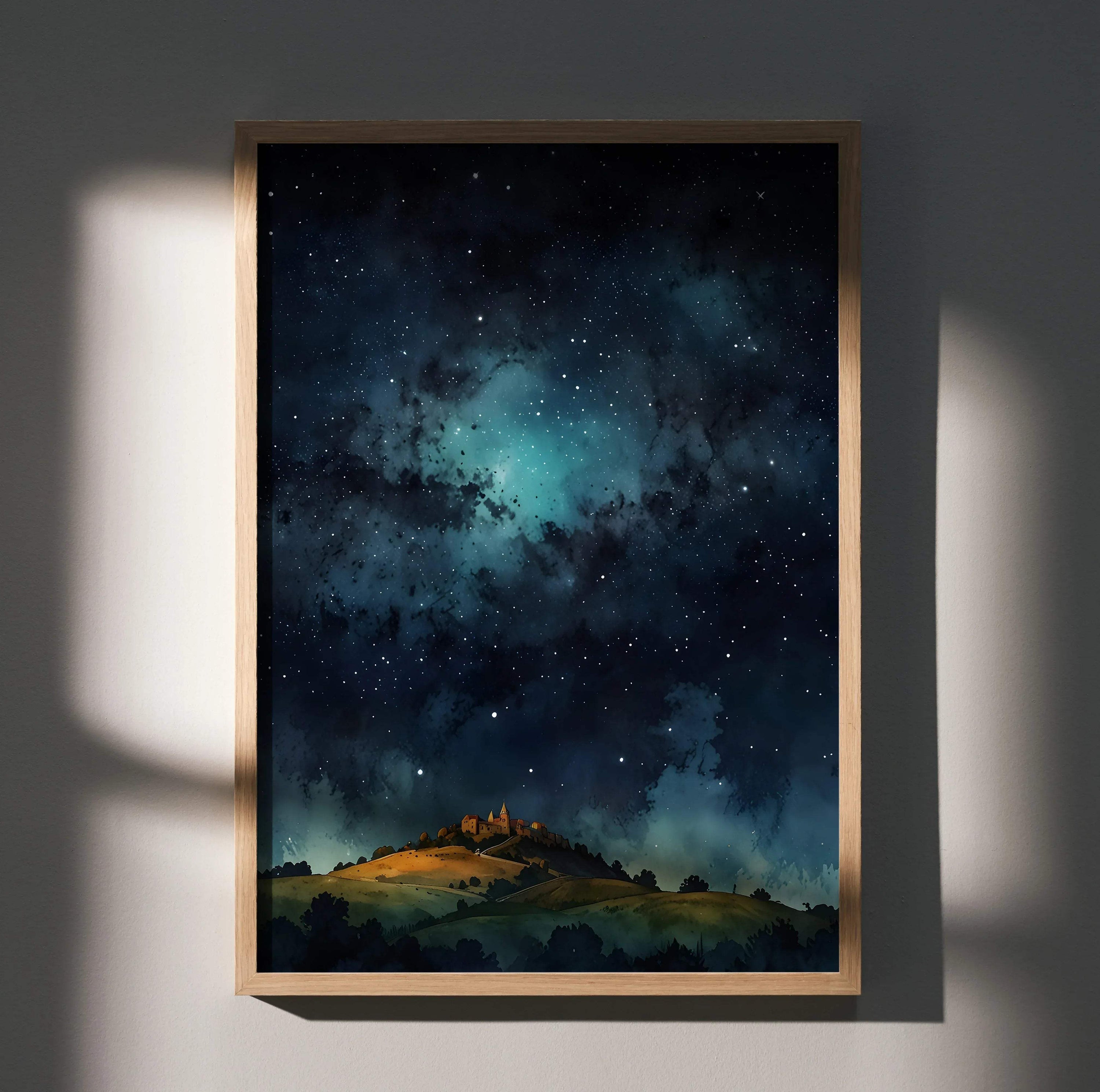 Vertical poster wall art of a watercolor castle glowing on a hill under a starry night sky.