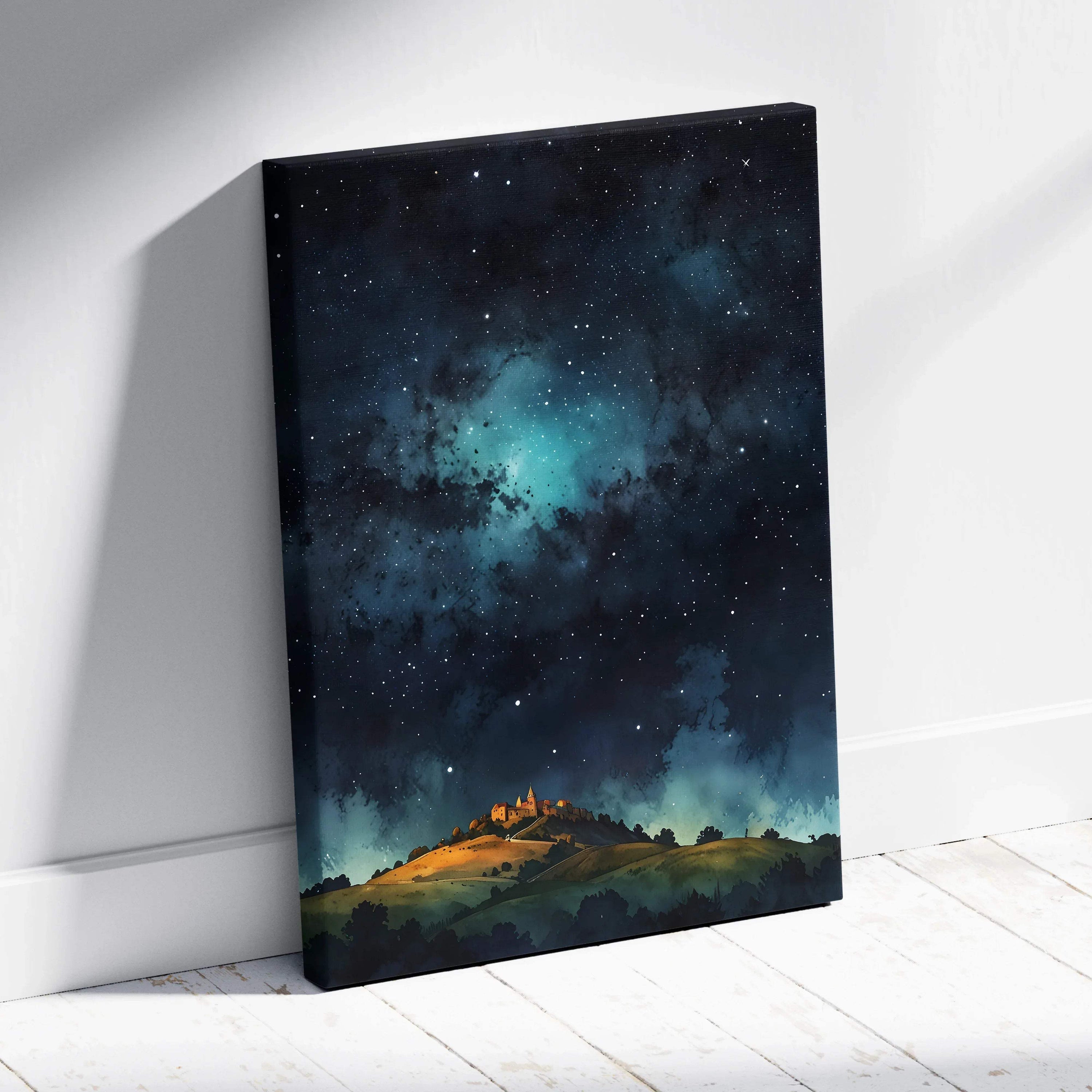 Vertical canvas wall art featuring a watercolor starry night sky over a glowing hilltop landscape.
