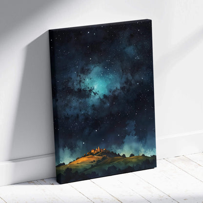 Vertical canvas wall art featuring a watercolor starry night sky over a glowing hilltop landscape.