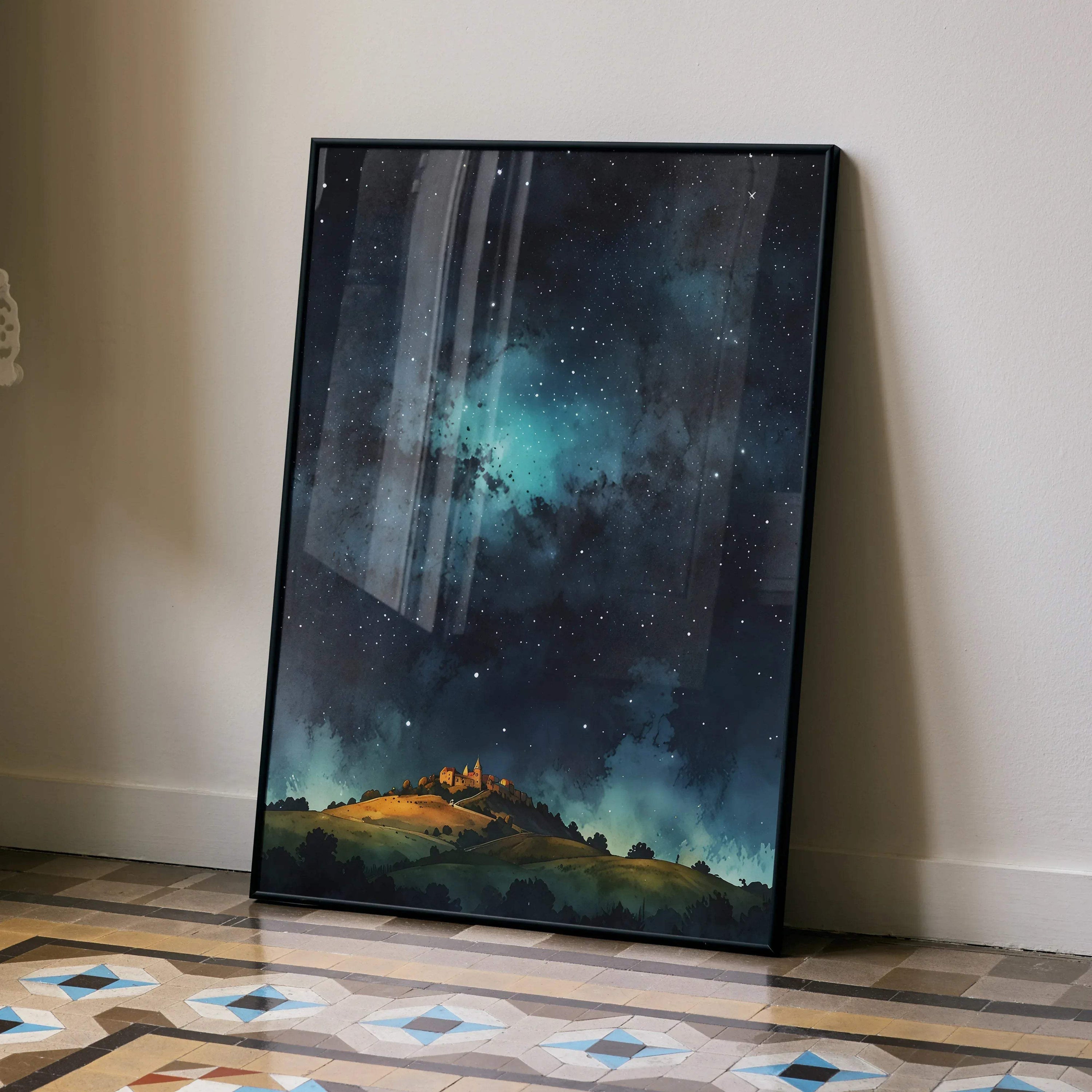 Vertical watercolor poster of a glowing castle under a starry night sky wall art.