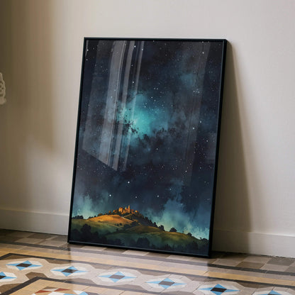 Vertical watercolor poster of a glowing castle under a starry night sky wall art.