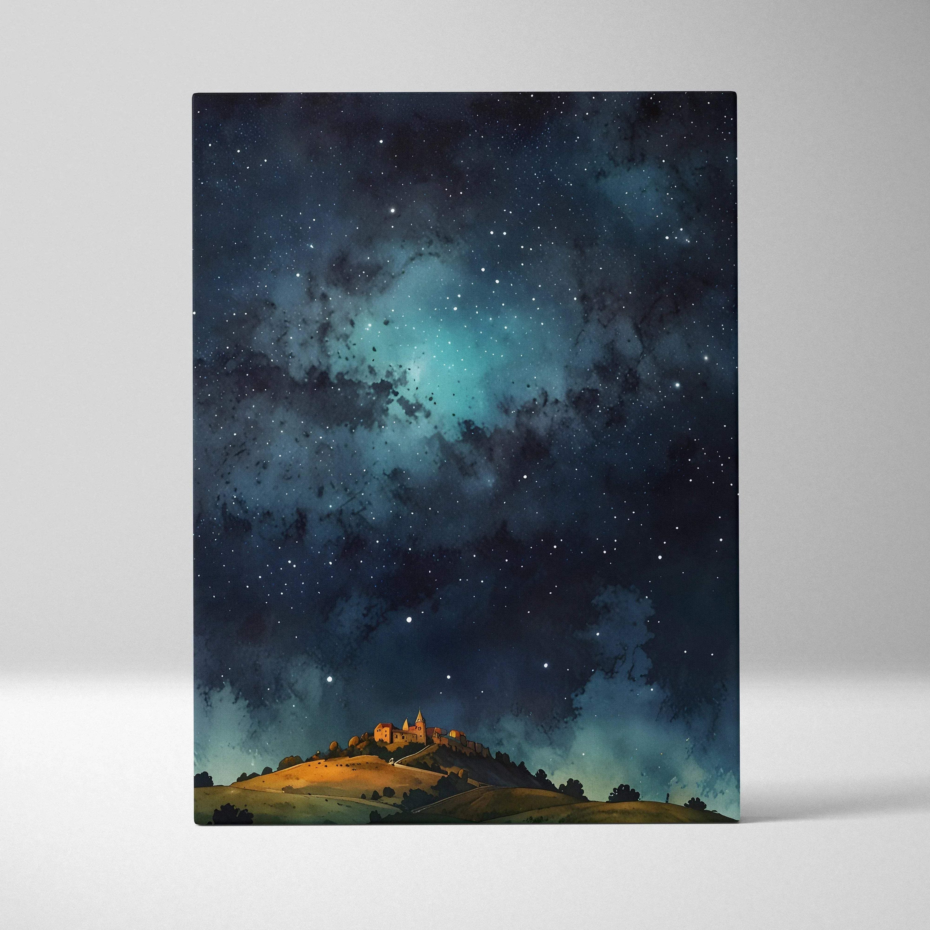 Vertical canvas wall art featuring a watercolor night sky with stars over a lit hilltop village.
