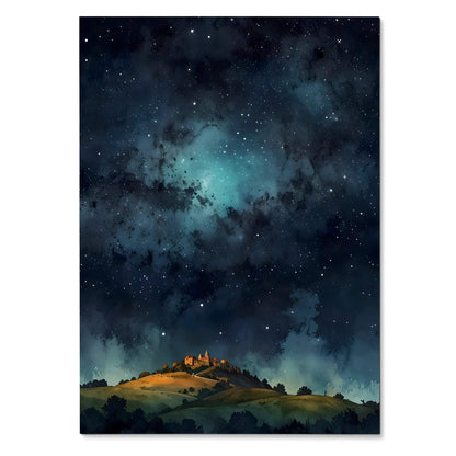Vertical poster of a watercolor-style castle glowing under a starry night sky, wall art with deep blues and golden.