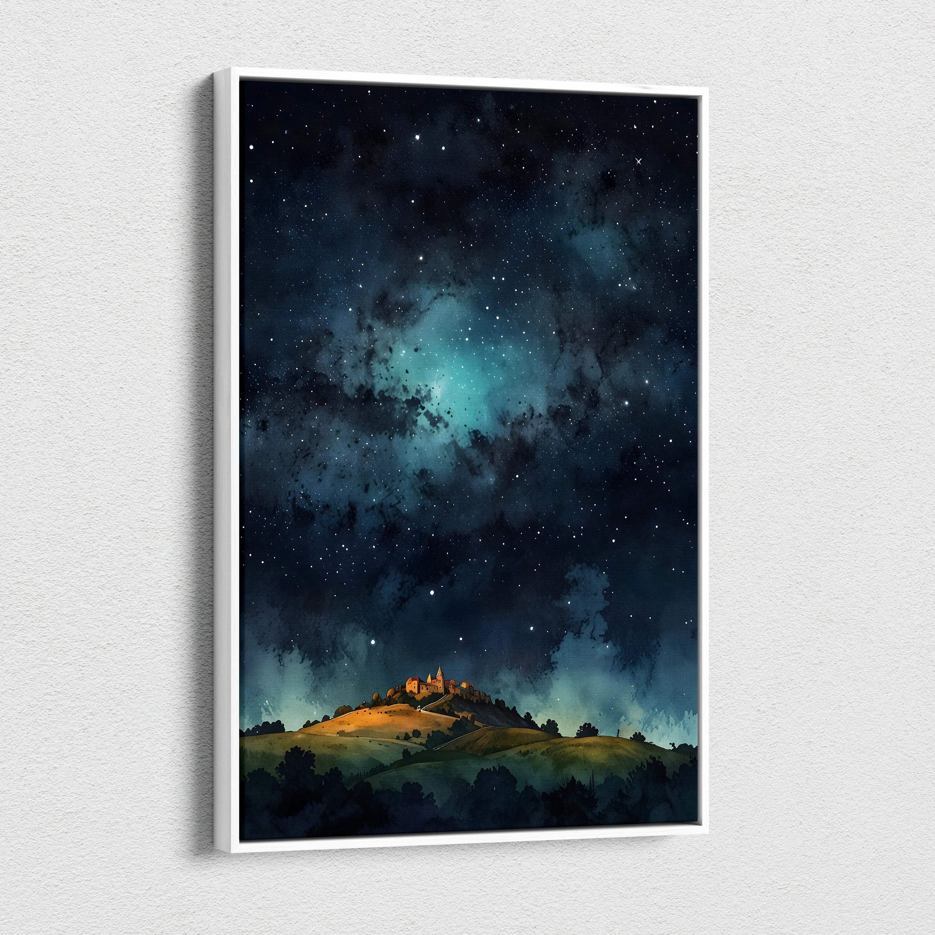 Vertical canvas wall art featuring a watercolor starry night sky over a glowing hilltop village.