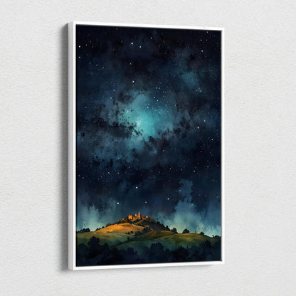 Vertical canvas wall art featuring a watercolor starry night sky over a glowing hilltop village.