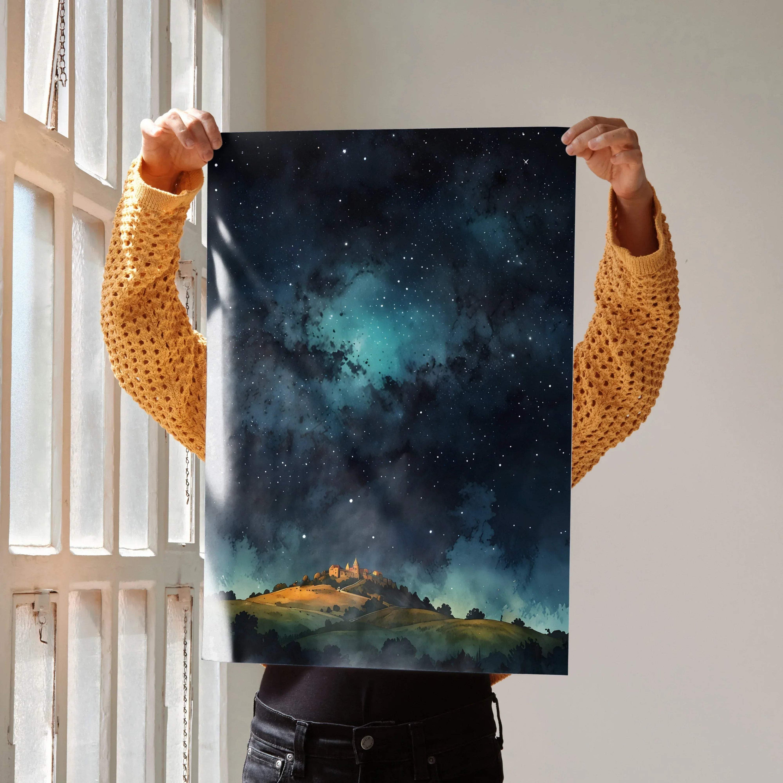 Enchanted watercolor style castle under a starry night sky poster wall art with rich blue and green tones.