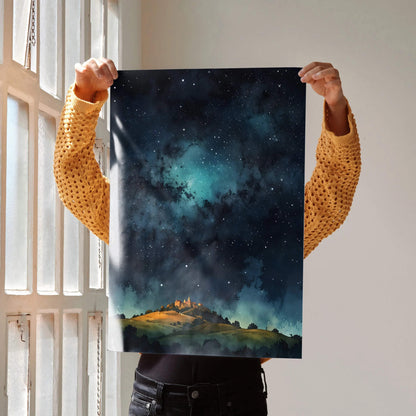 Enchanted watercolor style castle under a starry night sky poster wall art with rich blue and green tones.