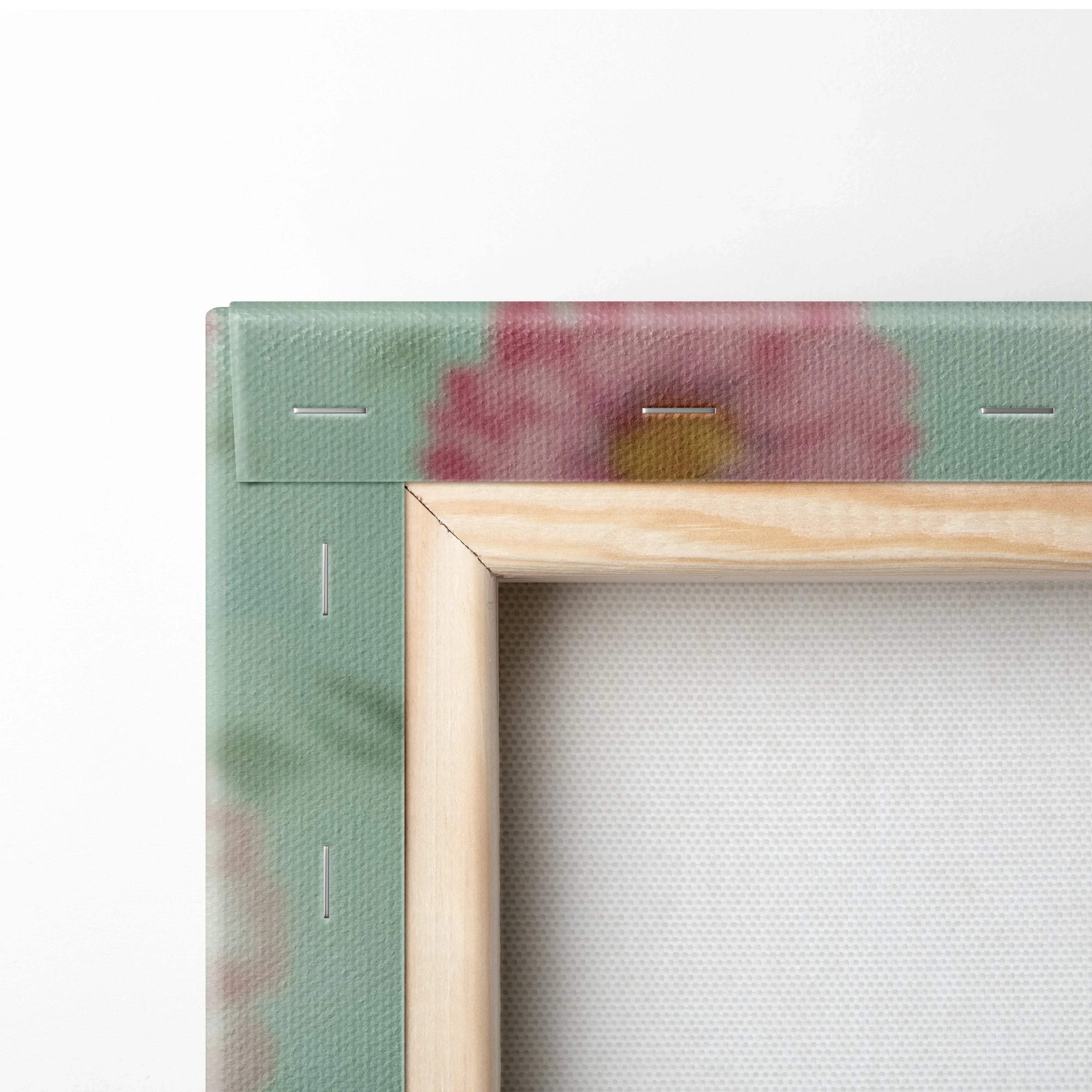 Close-up of wooden frame corner on floral canvas wall art with green and pink tones.