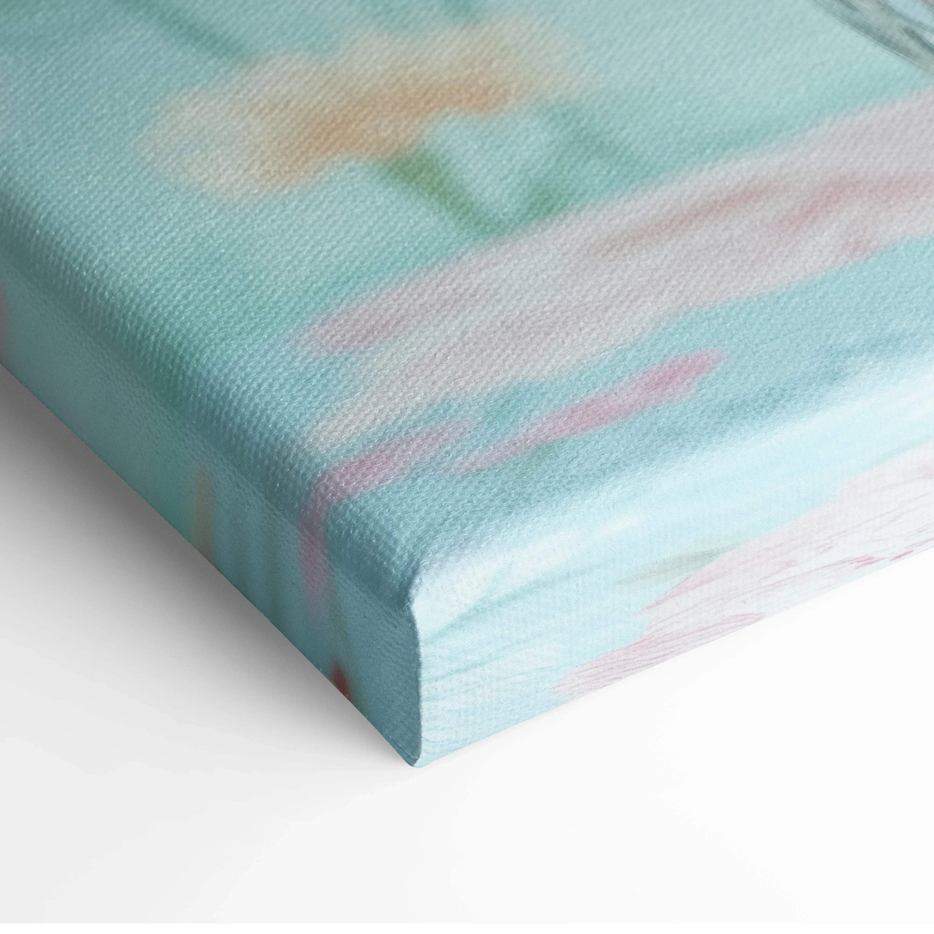 Close-up of vibrant floral canvas with pastel pink and blue hues, textured wall art edge.