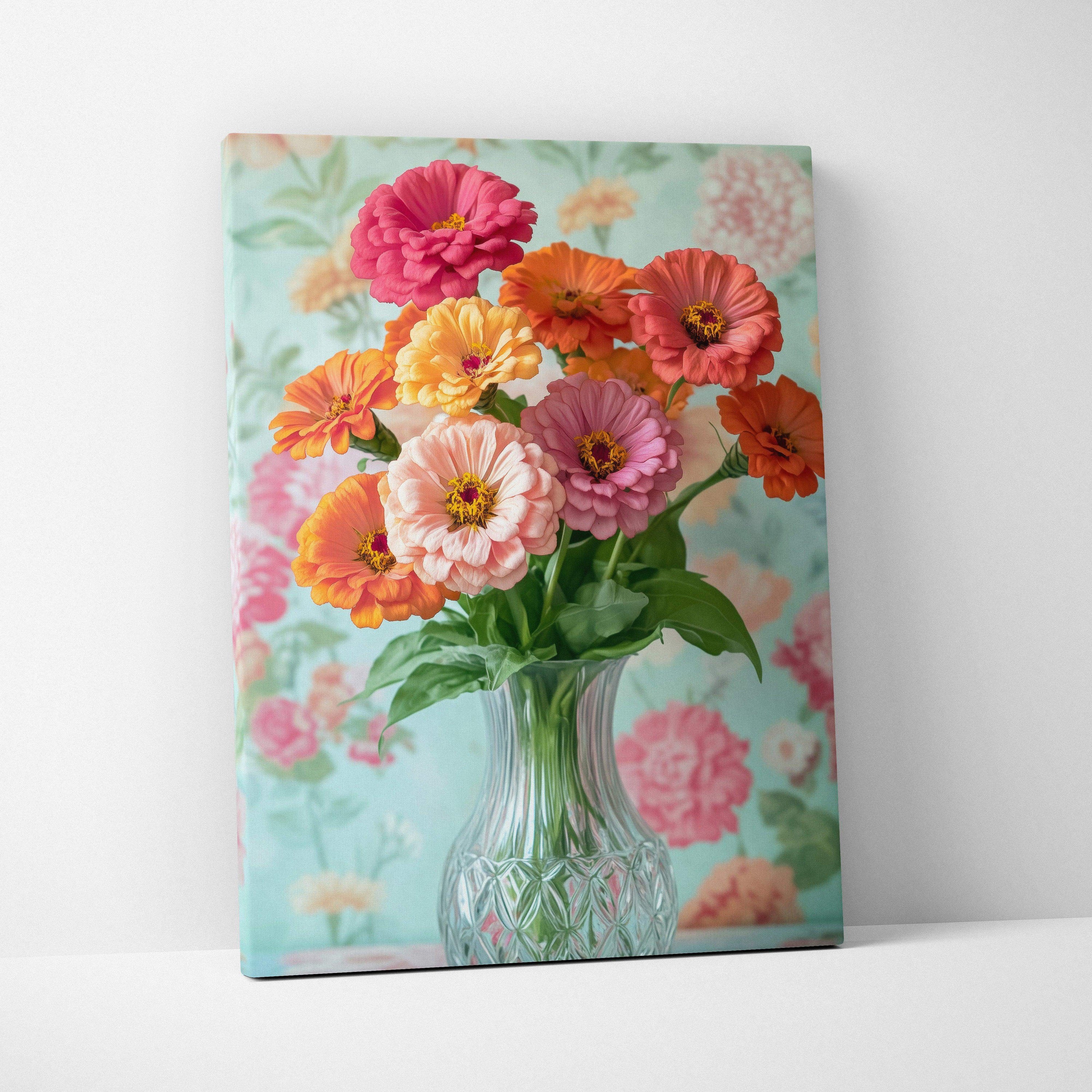 Colorful floral bouquet in a glass vase on vibrant floral canvas wall art.