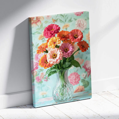 Canvas wall art featuring vibrant pink and orange zinnia flowers in a clear glass vase against pastel floral wallpaper.