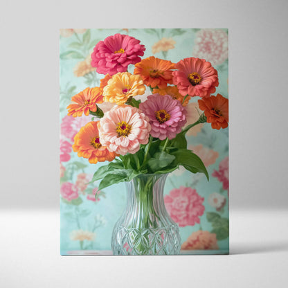 Canvas wall art featuring vibrant pink, orange, and peach floral bouquet in a clear glass vase against a pastel floral.