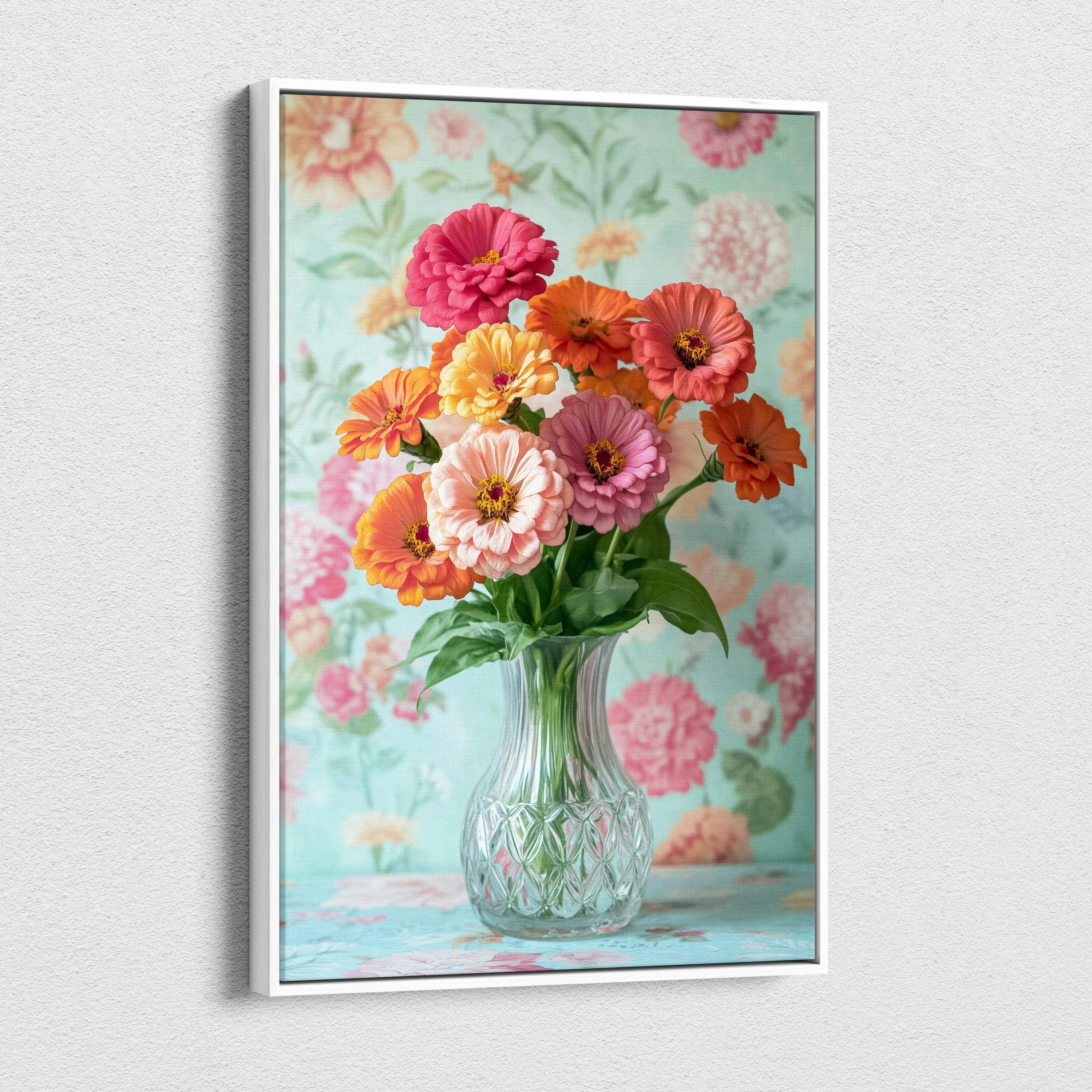Colorful floral bouquet in glass vase against patterned turquoise background canvas wall art.
