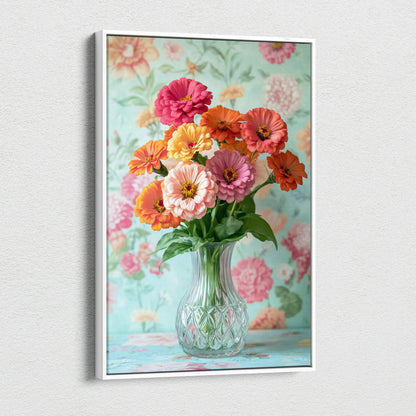 Colorful floral bouquet in glass vase against patterned turquoise background canvas wall art.