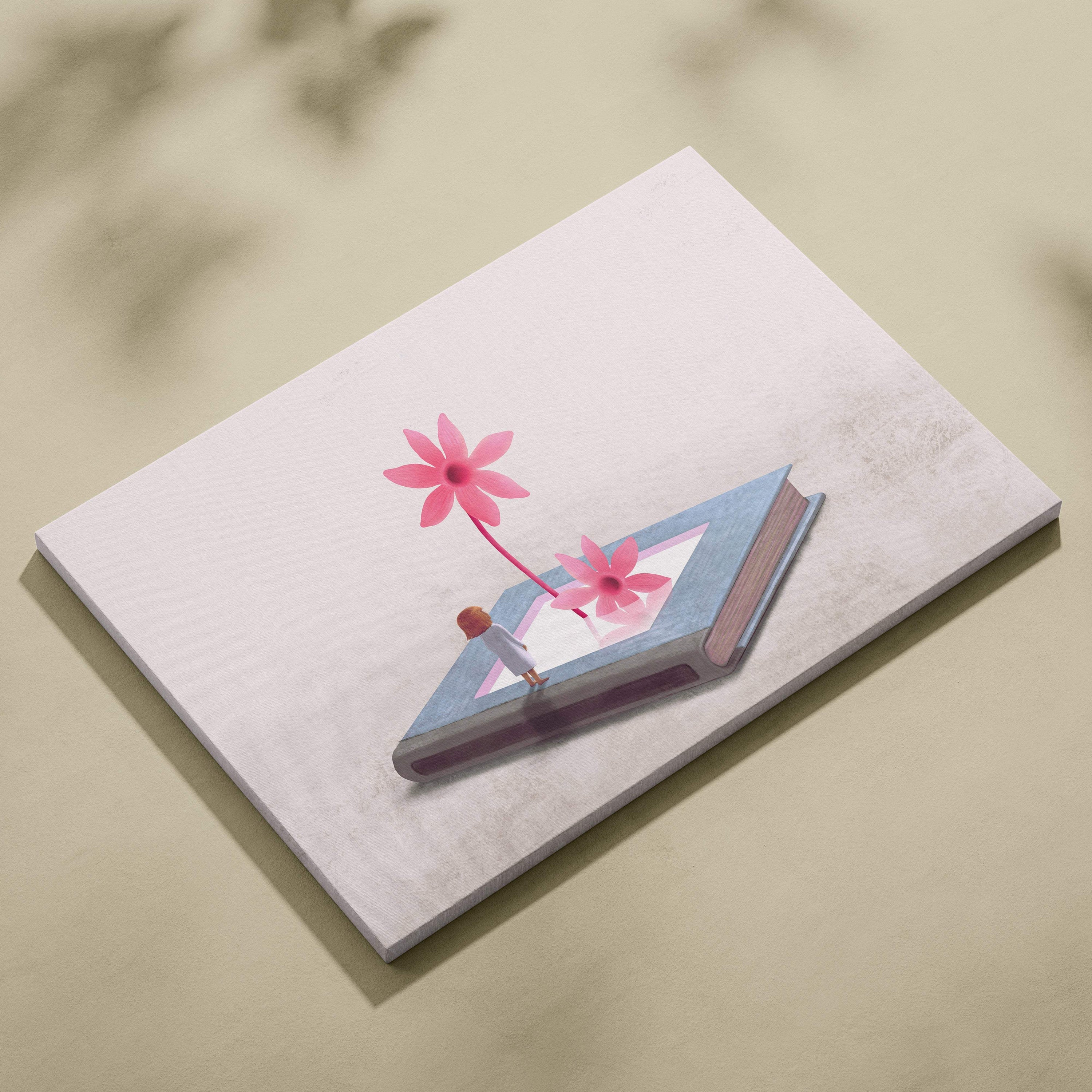 A delicate pastel blue canvas wall art book with matte finish and pink flowers for whimsical kids room decor