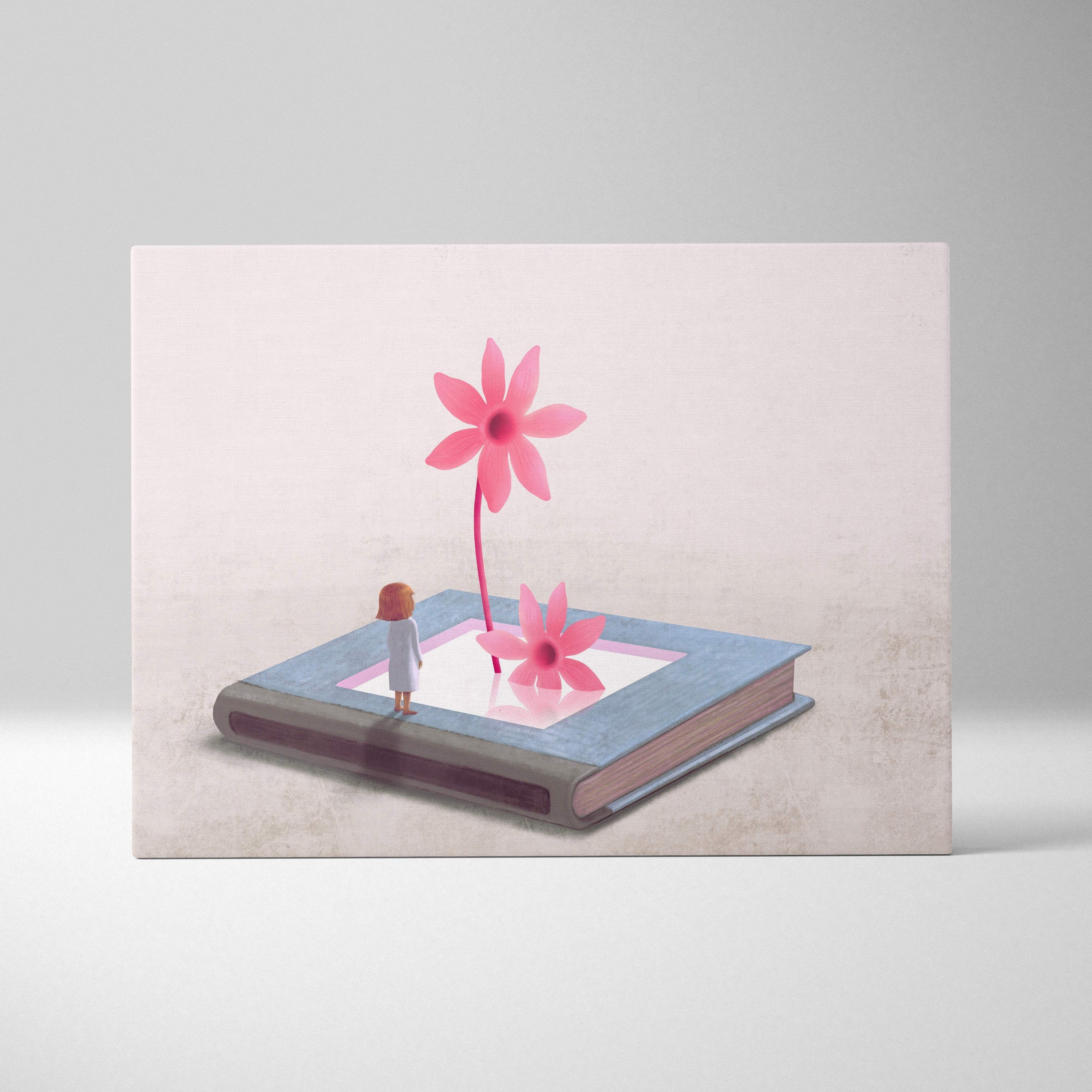 A soft pastel contemporary flower book canvas wall art featuring a girl standing on blooming pink botanical pages