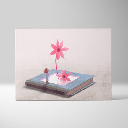 A soft pastel contemporary flower book canvas wall art featuring a girl standing on blooming pink botanical pages