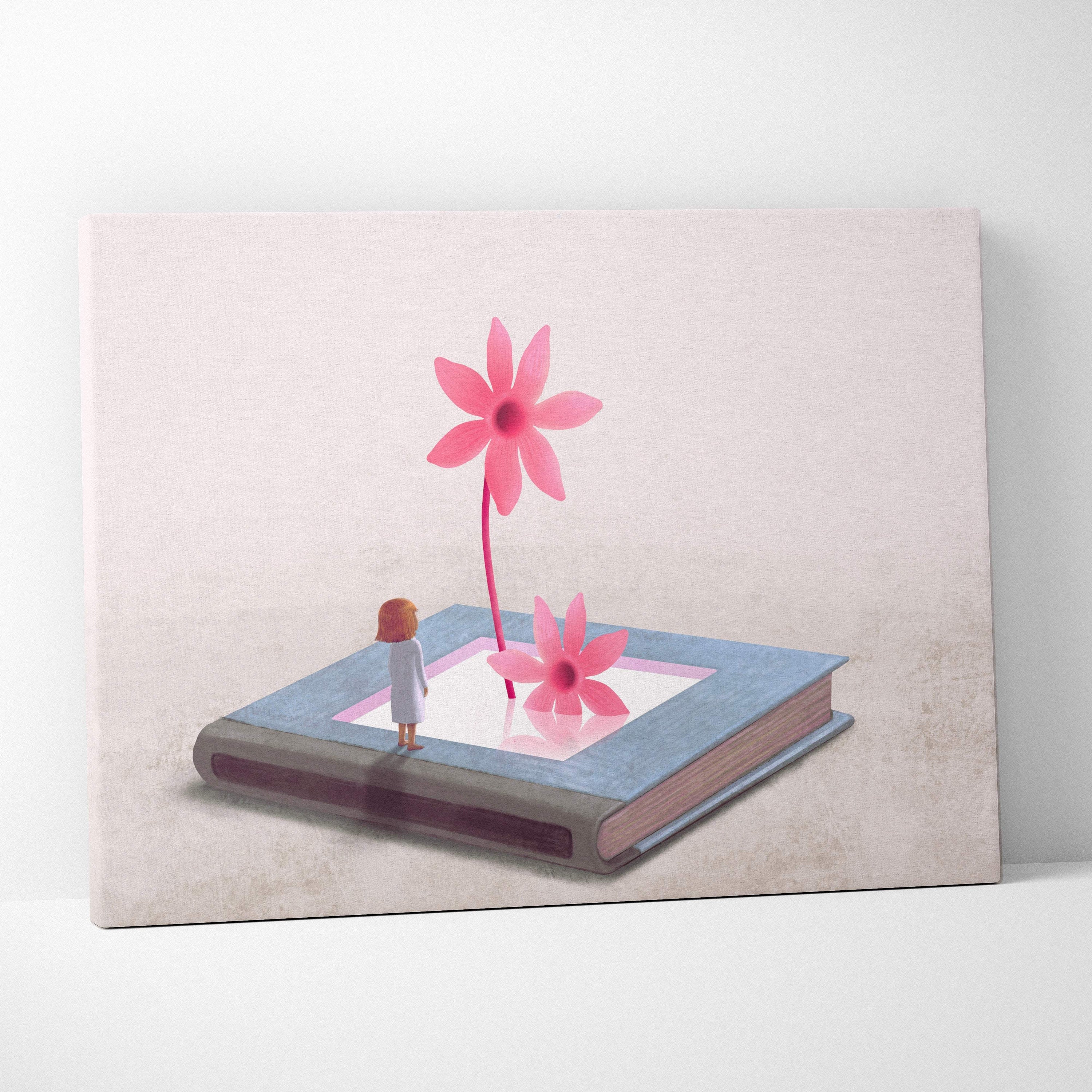 Contemporary soft pastel canvas wall art with vibrant pink flowers growing from an open book and tiny girl figure