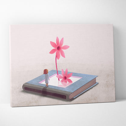 Contemporary soft pastel canvas wall art with vibrant pink flowers growing from an open book and tiny girl figure
