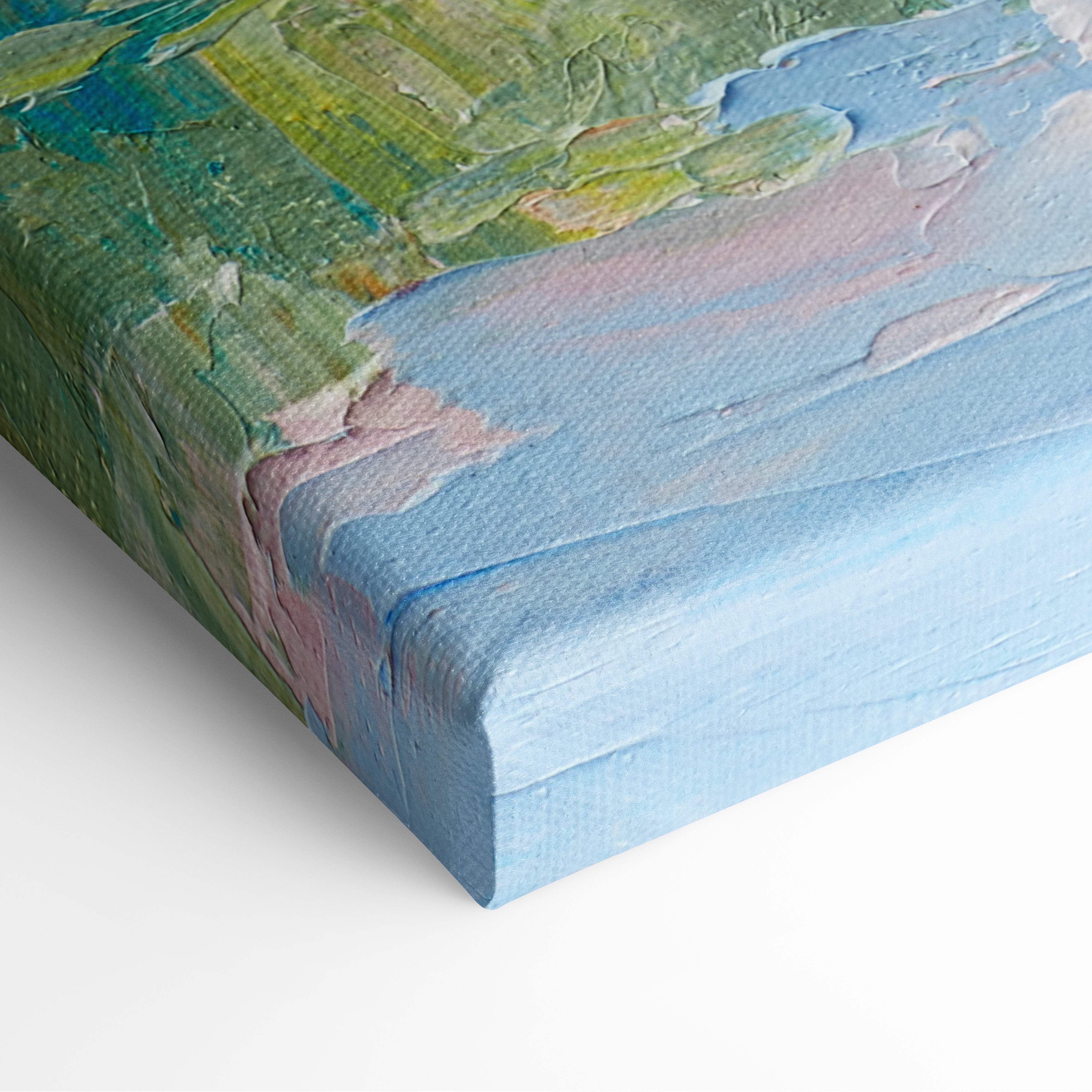 Golden lake sunrise canvas wall art print with textured impasto brushstrokes in blue green and pink for rustic living rooms