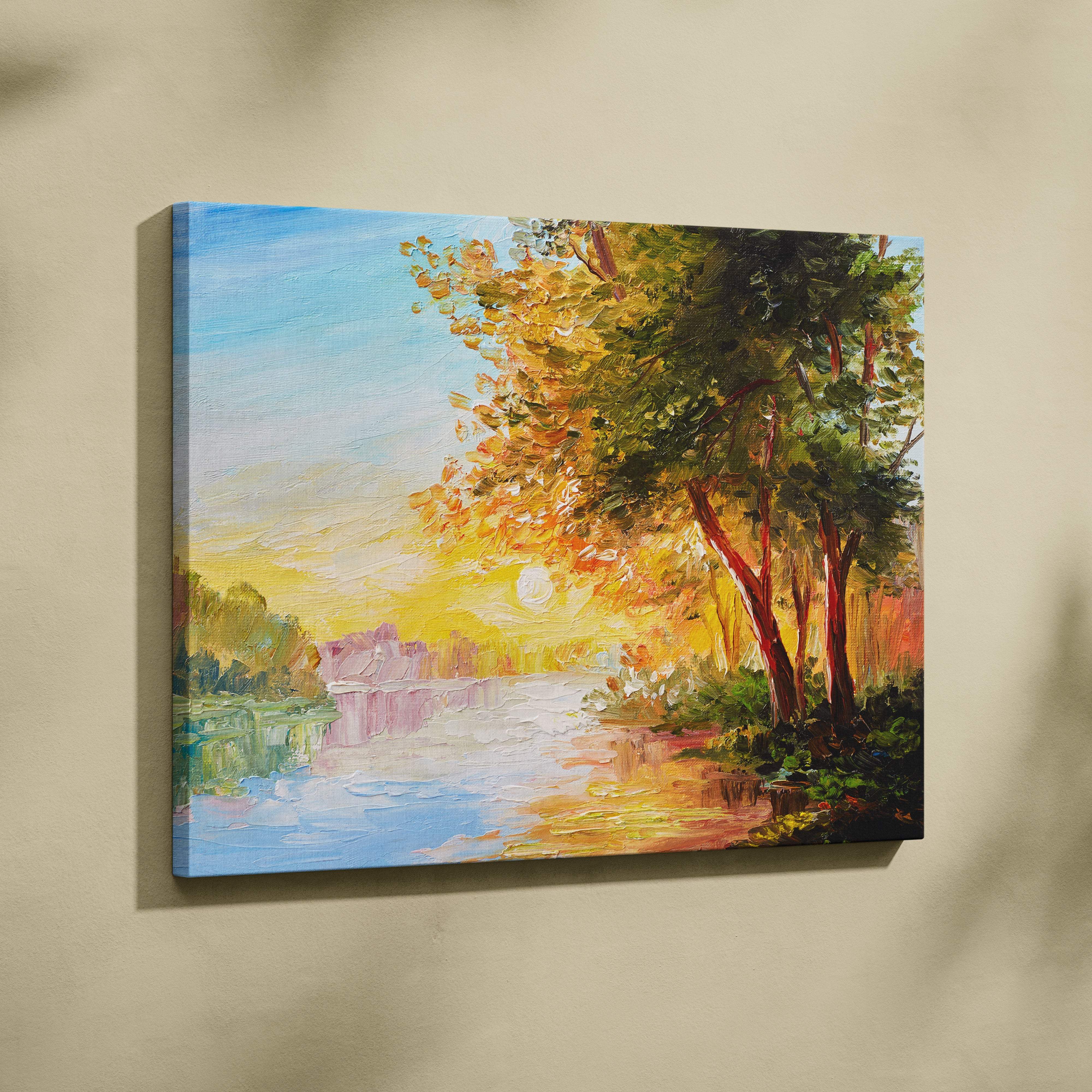 Golden lake sunrise canvas wall art print featuring vibrant green and gold impressionist lakeside trees on textured fabric