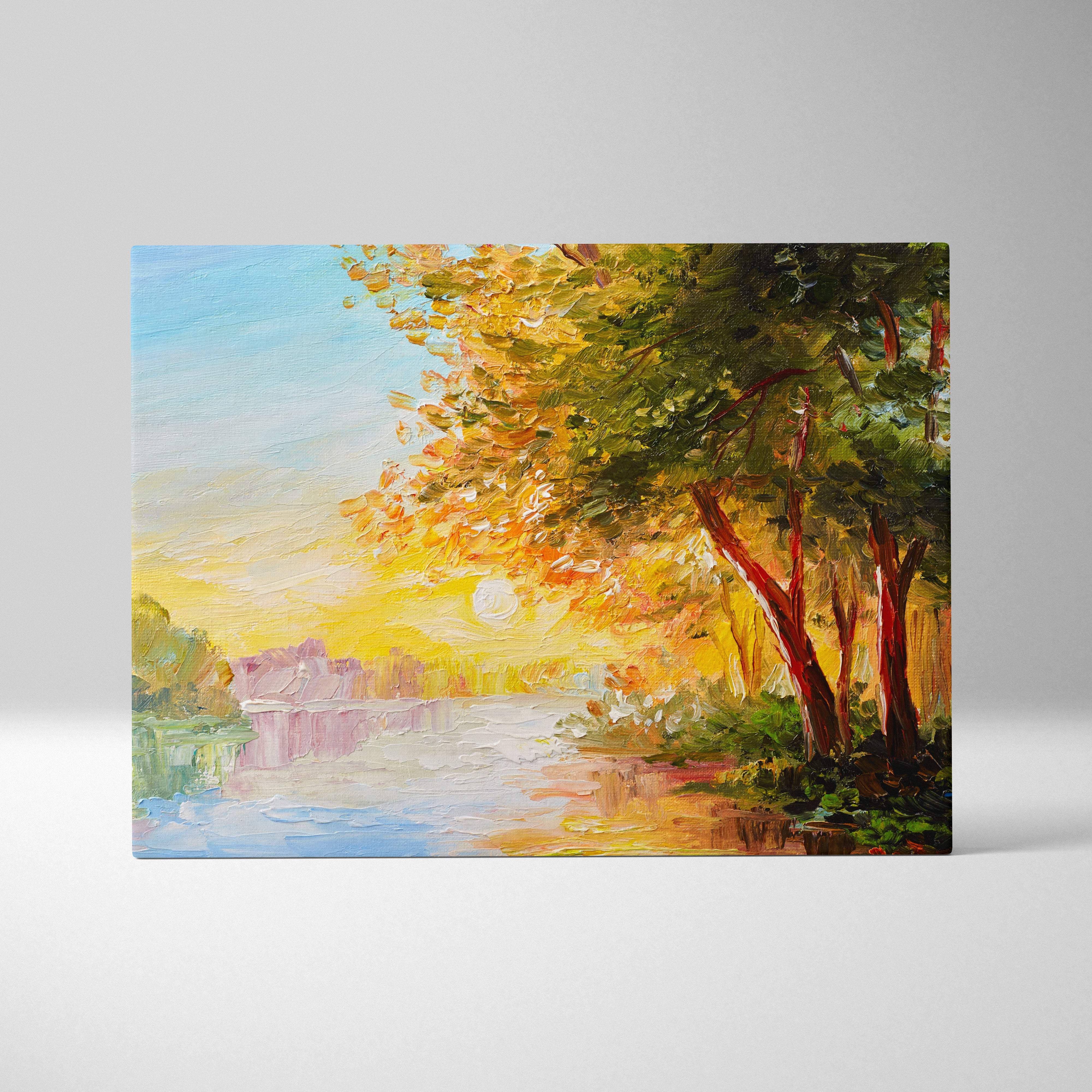 A vibrant impressionist canvas wall art print featuring golden autumn trees and reflective water for rustic living rooms