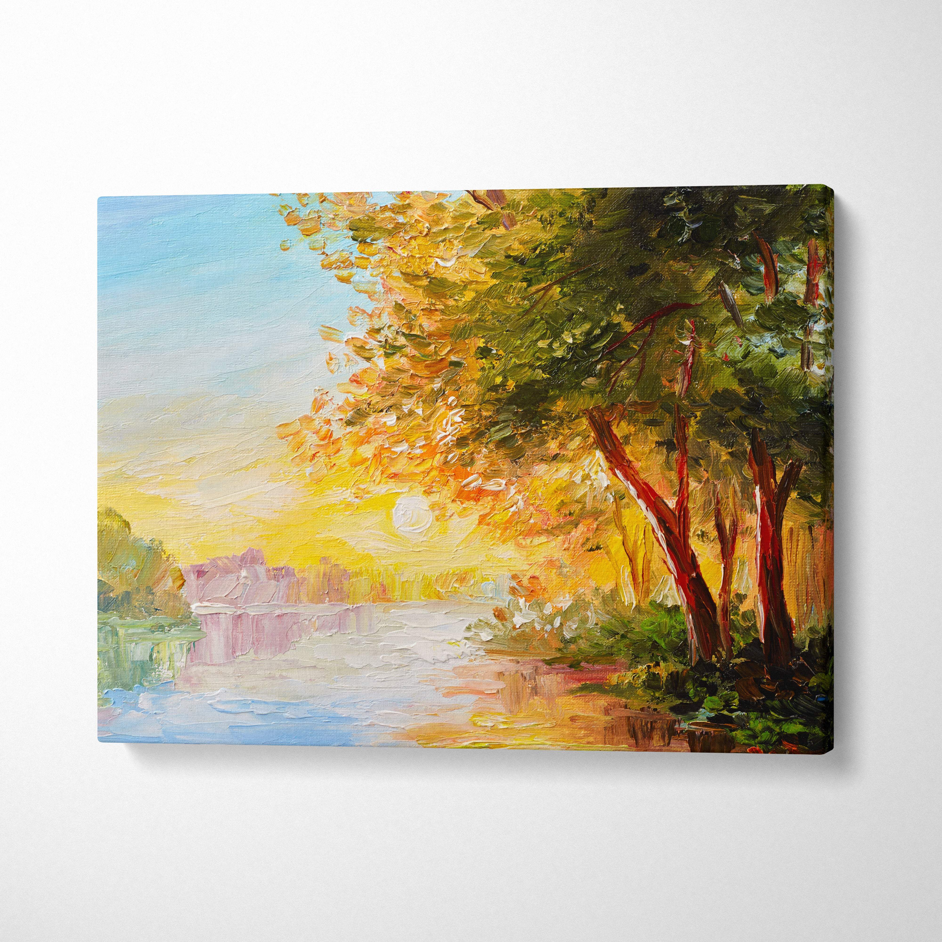 Golden lake sunrise canvas wall art print featuring a vibrant impressionist autumnal lakeside scene with soft sunlight reflections