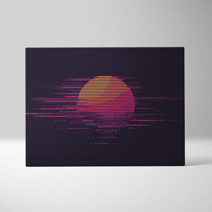 Rectangular canvas print featuring a pixelated neon pink and orange sun with glitch lines on a dark minimalist background