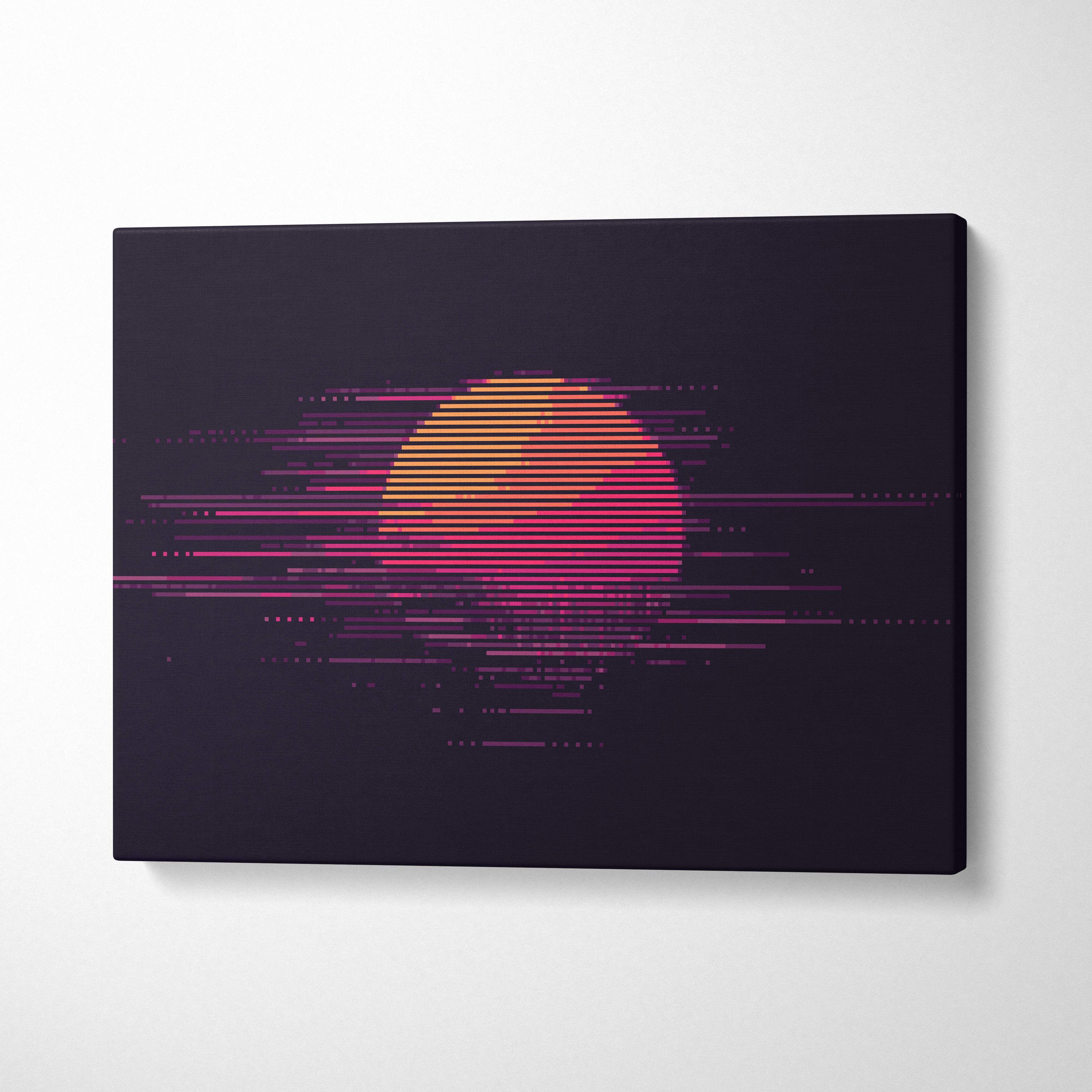 A sleek black canvas print featuring a vibrant retro-futuristic orange and magenta sunset with glitch lines