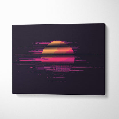 A sleek black canvas print featuring a vibrant retro-futuristic orange and magenta sunset with glitch lines