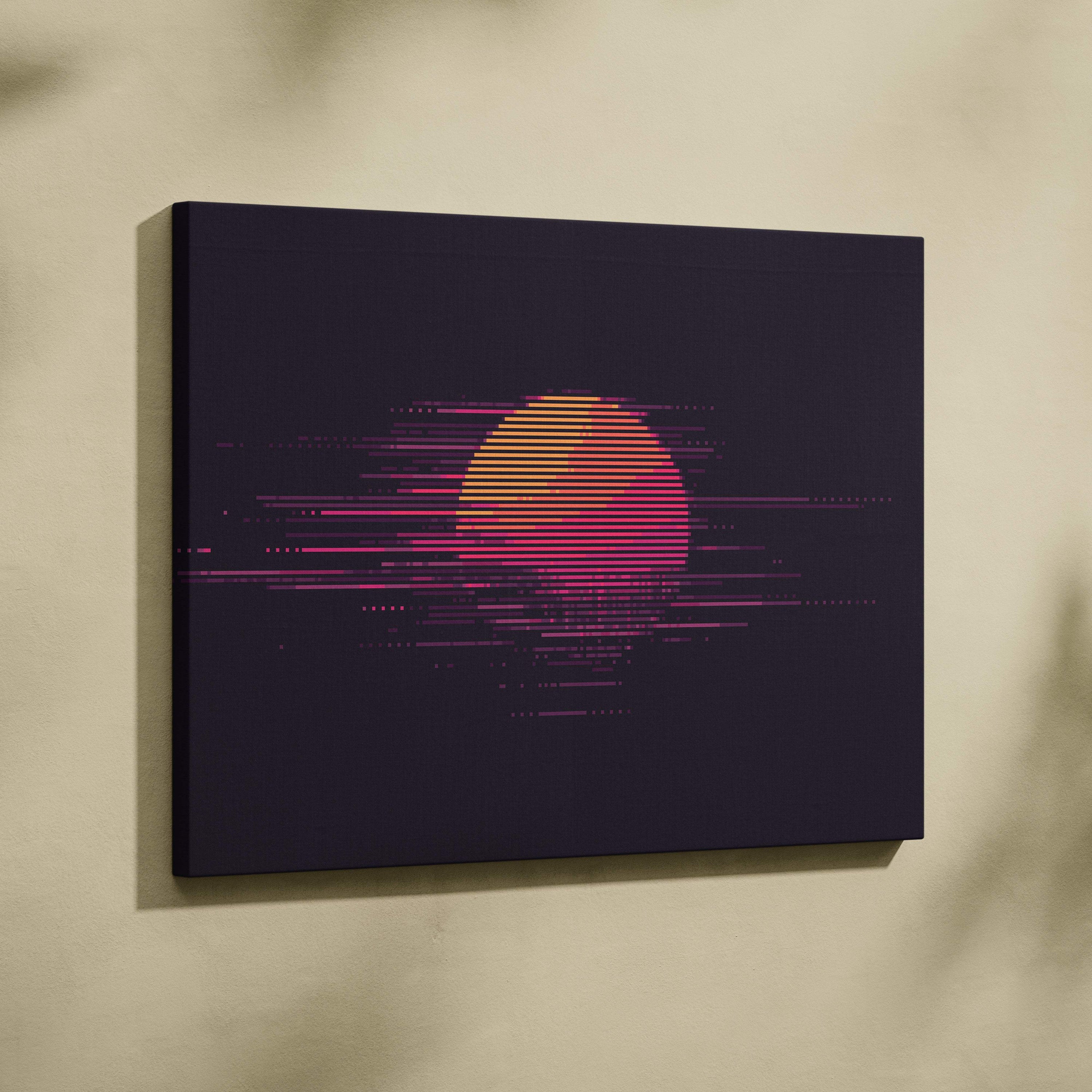 Rectangular retro sunset pixel art canvas print with neon pink orange stylized sun on dark minimalist synthwave background