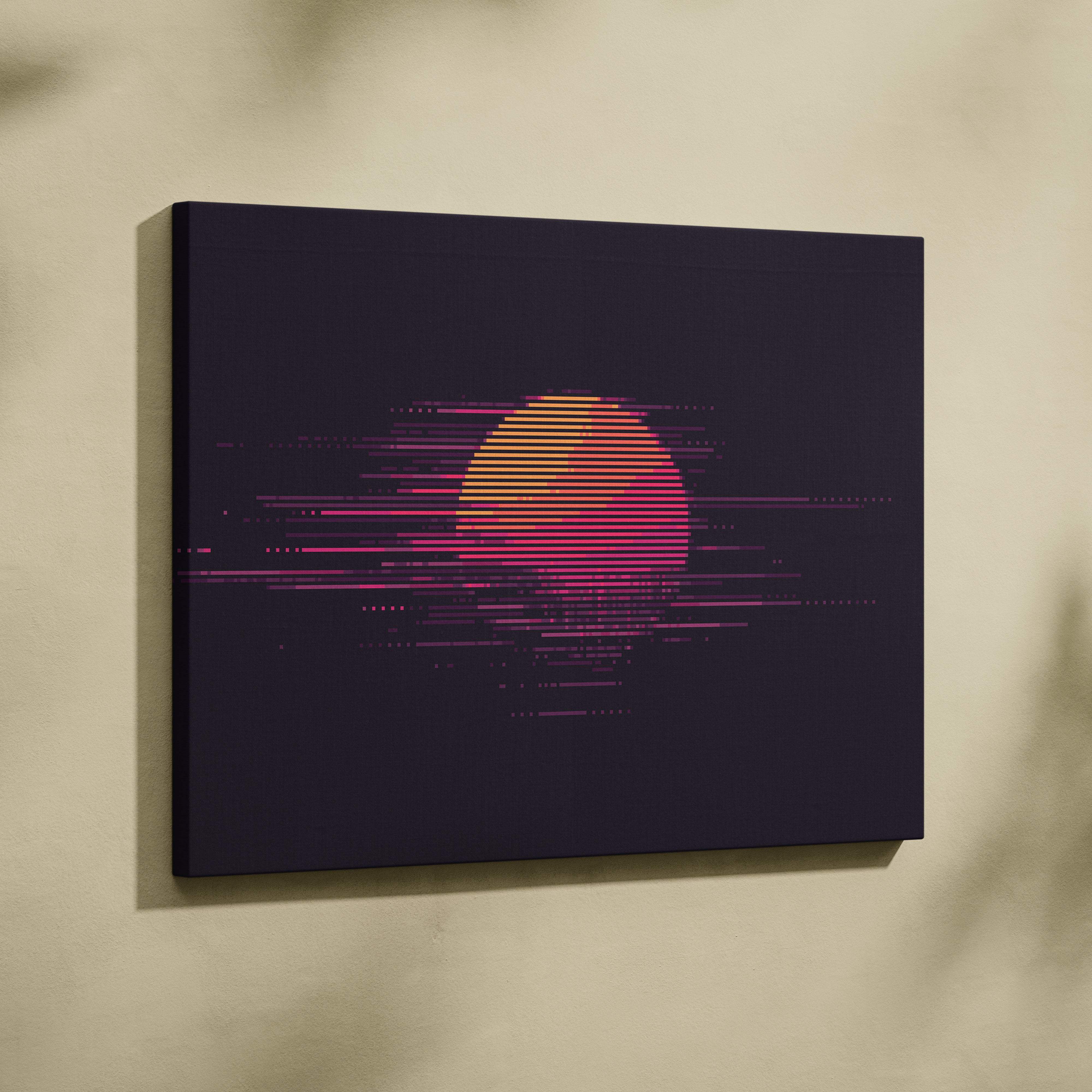 Rectangular retro sunset pixel art canvas print with neon pink orange stylized sun on dark minimalist synthwave background