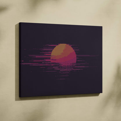 Rectangular retro sunset pixel art canvas print with neon pink orange stylized sun on dark minimalist synthwave background