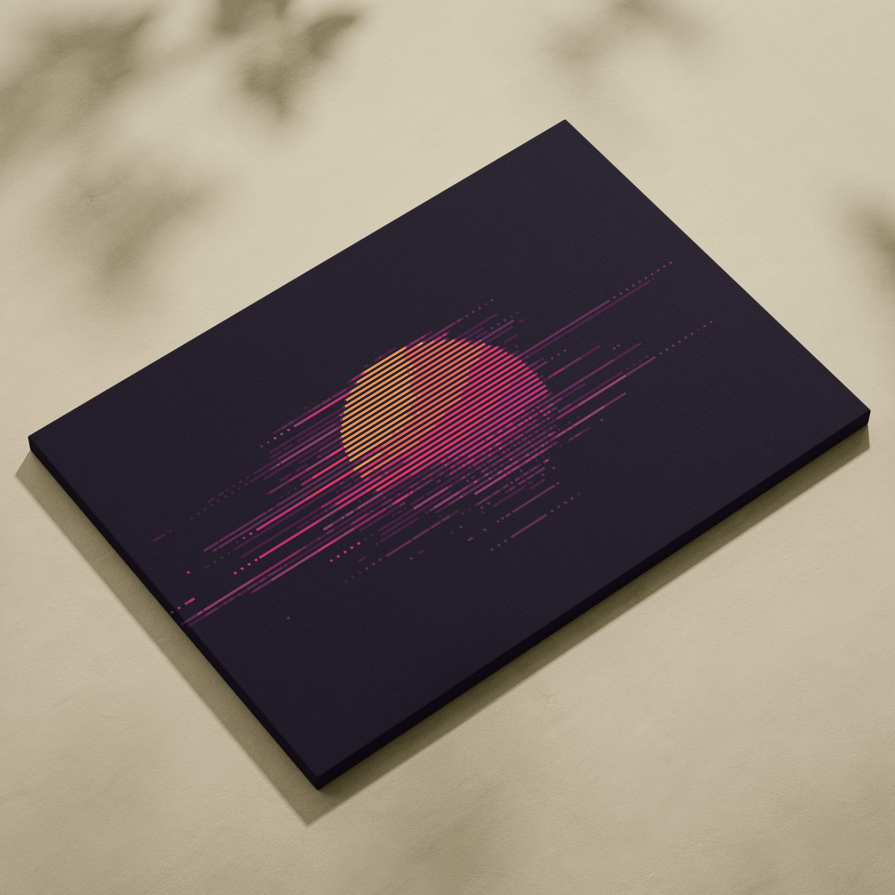 Rectangular canvas print of a retro sunset pixel art with neon pink orange sun on deep purple synthwave background