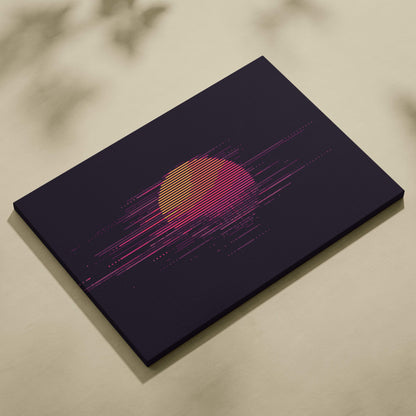Rectangular canvas print of a retro sunset pixel art with neon pink orange sun on deep purple synthwave background