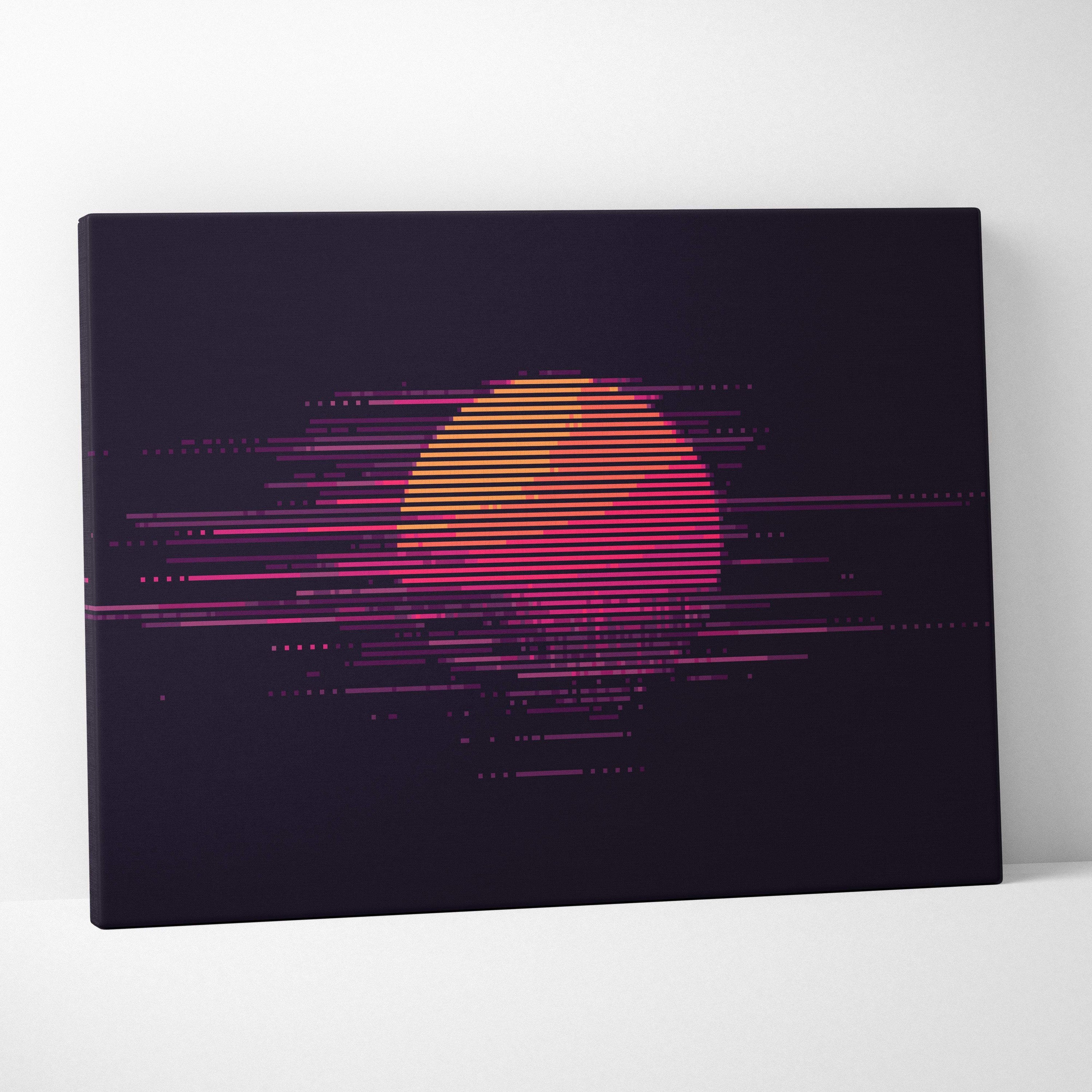 Retro sunset pixel art canvas print featuring a neon pink and orange striped sun on deep purple minimalist synthwave decor