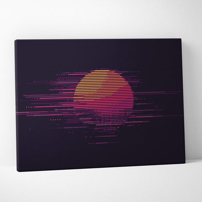 Retro sunset pixel art canvas print featuring a neon pink and orange striped sun on deep purple minimalist synthwave decor