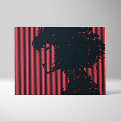 Red black girl pixel art canvas print with a pixelated black silhouette on a vibrant red striped background
