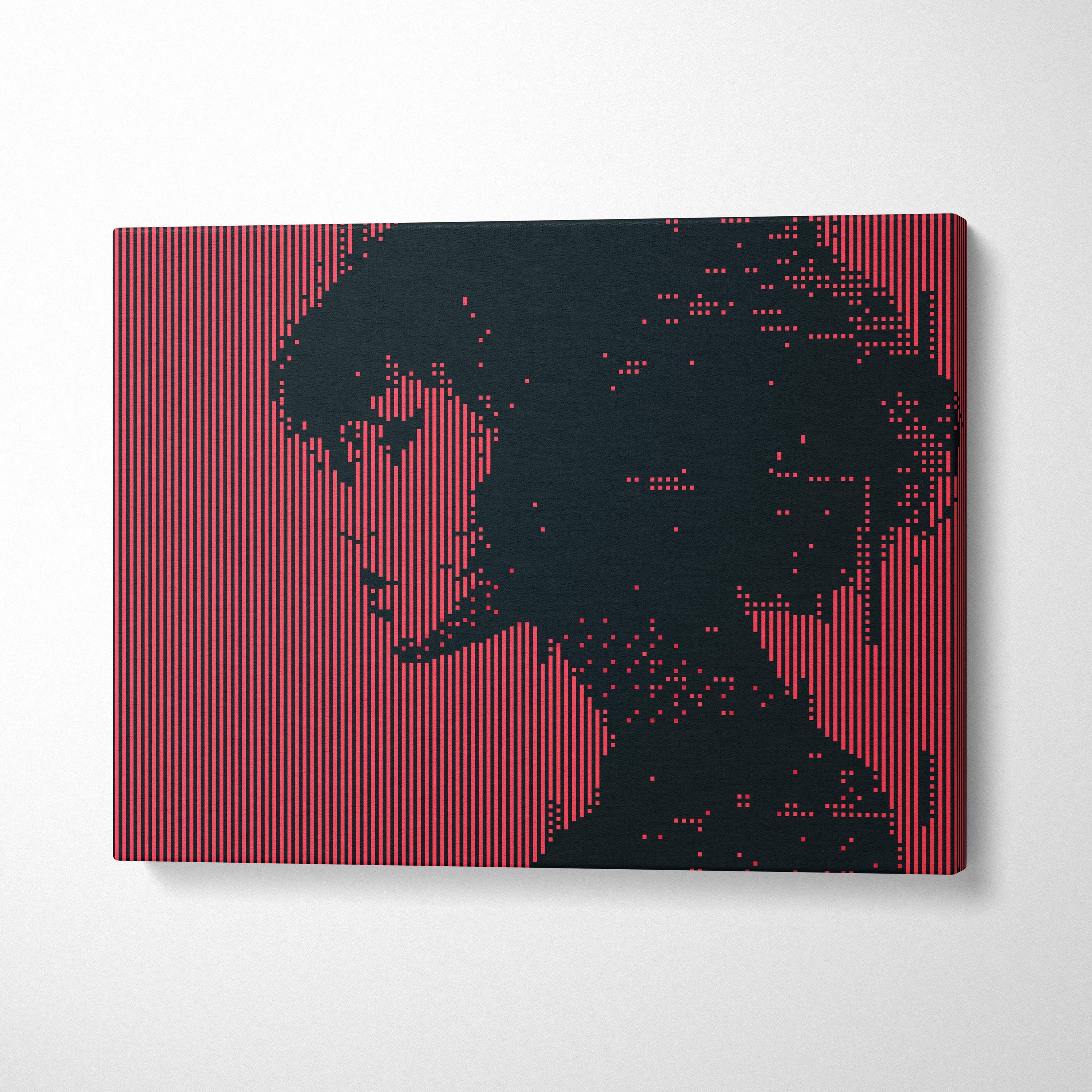 A striking red black girl pixel art canvas print with a black silhouette on a vibrant red striped background