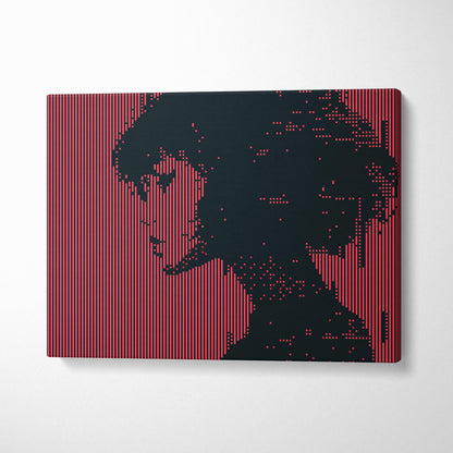 A striking red black girl pixel art canvas print with a black silhouette on a vibrant red striped background