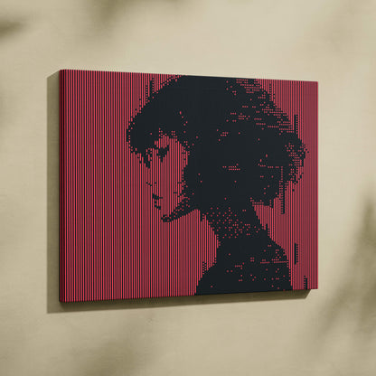 Red black girl pixel art canvas print with pixelated black silhouette on red striped background for gothic decor