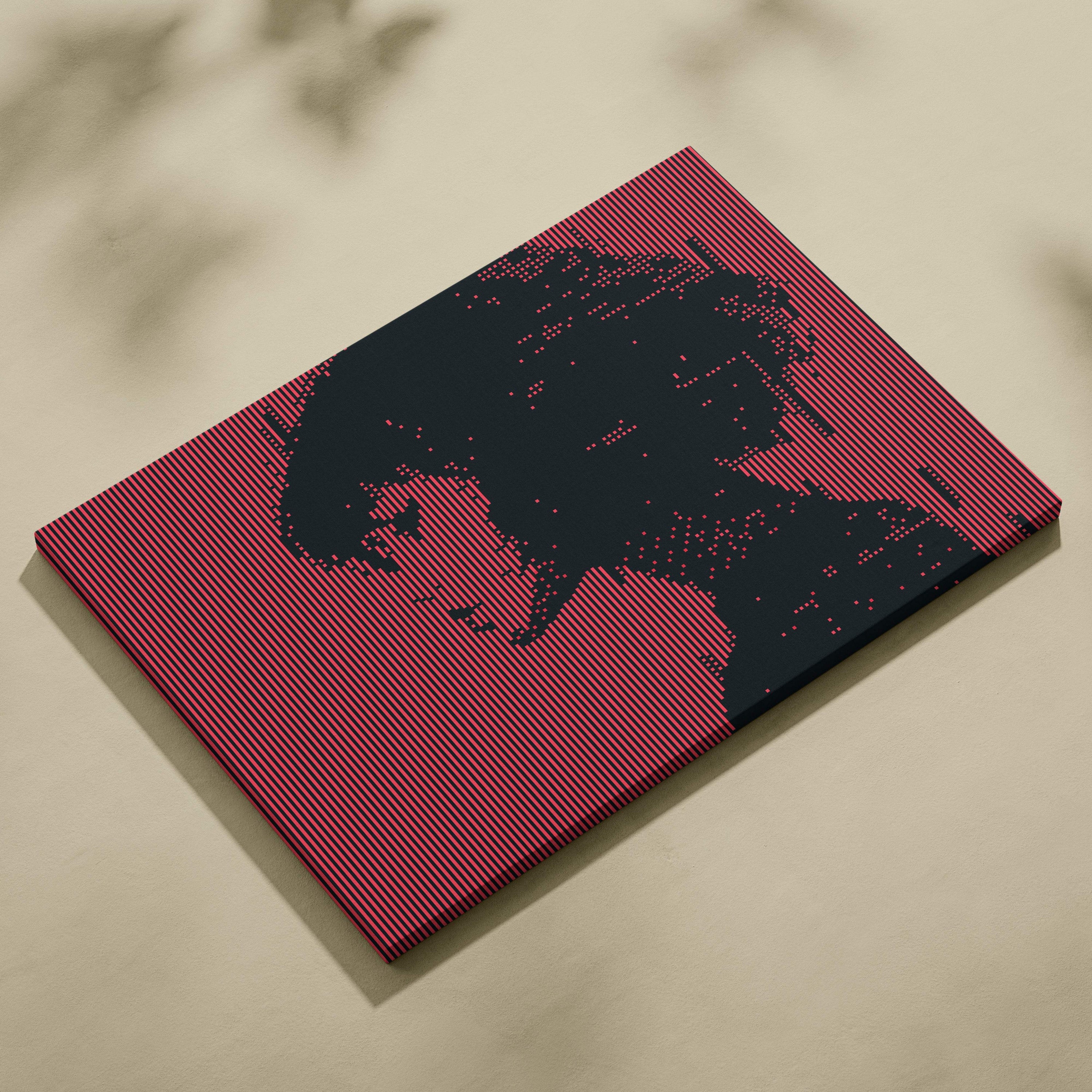 Red and black pixel art canvas print of a stylized girl face with gothic skeleton design for horror wall decor