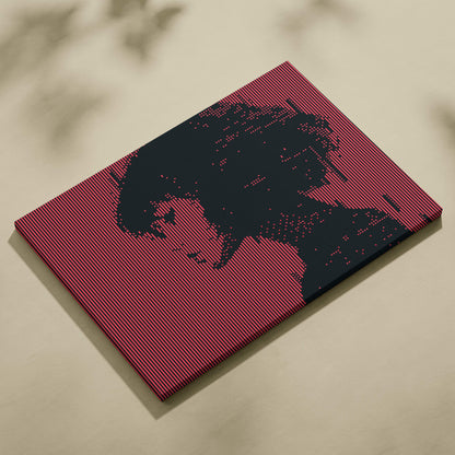 Red and black pixel art canvas print of a stylized girl face with gothic skeleton design for horror wall decor