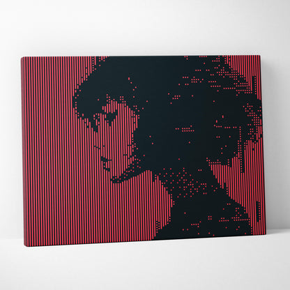 Red black girl pixel art canvas print with striking stylized silhouette faces on vertical stripes for gothic decor
